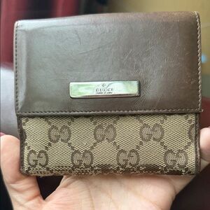 Gucci Webbed Brown Canvas/Leather Bifold Wallet w/Coin Pouch VINTAGE